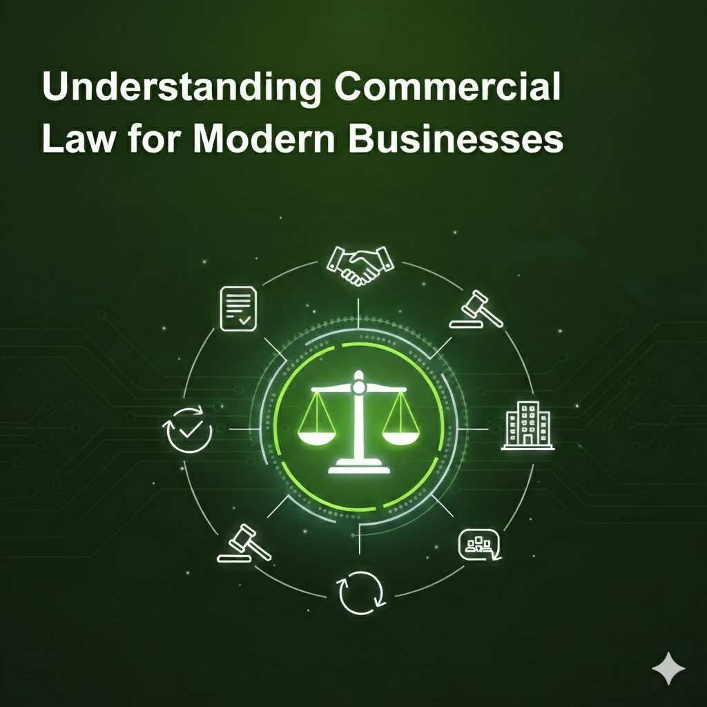 Business professionals reviewing key aspects of commercial law to ensure legal compliance and smooth operations in modern business.