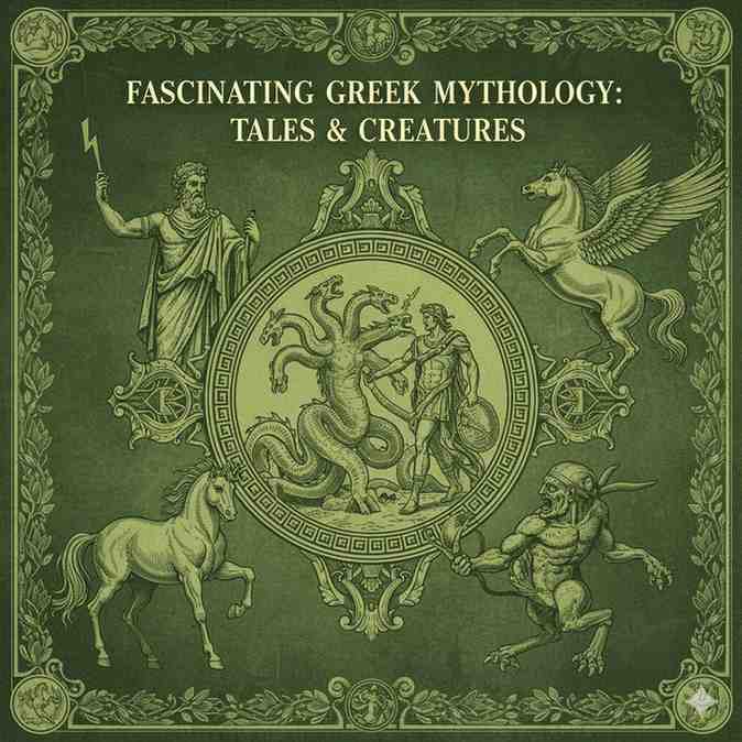 Illustration of famous Greek mythology tales and creatures including gods, heroes, monsters, and legendary ancient scenes.