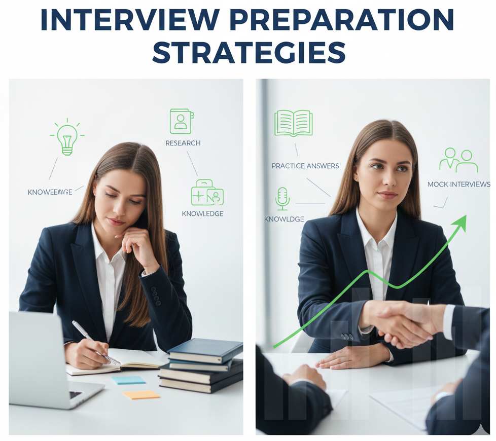 Interview preparation strategies: research, practice answers, mock interviews, and building knowledge.