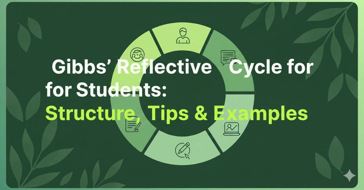 Diagram of Gibbs Reflective Cycle for students showing six stages with tips to improve learning, study skills, and academic reflection.