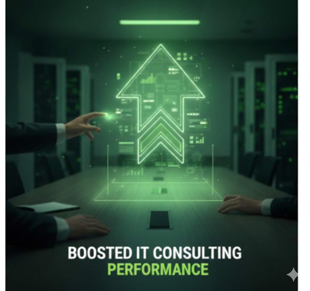 Visual showing boosted IT consulting performance with improved efficiency, strategic planning, and enhanced technology solutions.