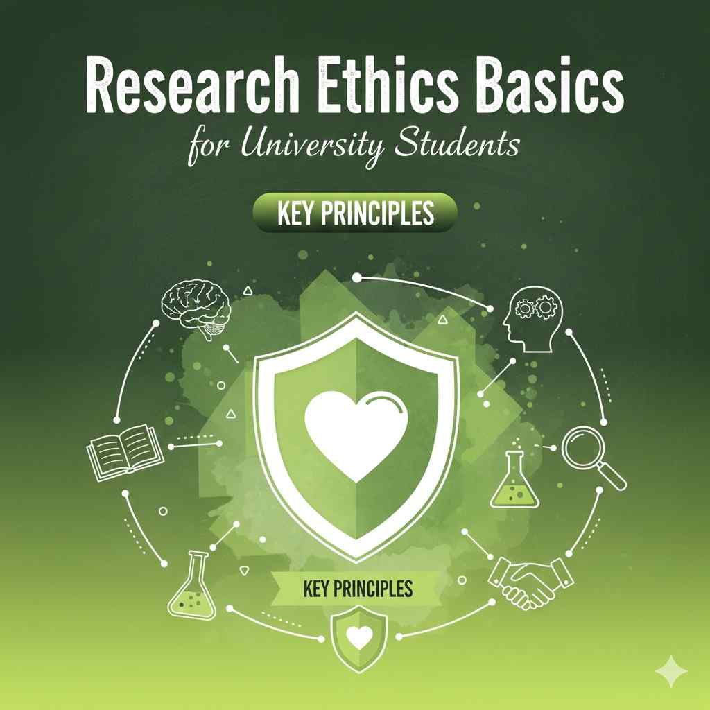 A student reviewing research guidelines to understand core research ethics principles, including integrity, consent, and responsible conduct.