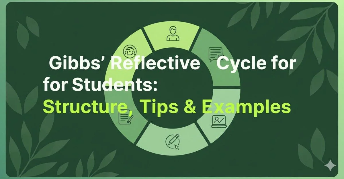 Diagram of Gibbs Reflective Cycle for students showing six stages with tips to improve learning, study skills, and academic reflection.