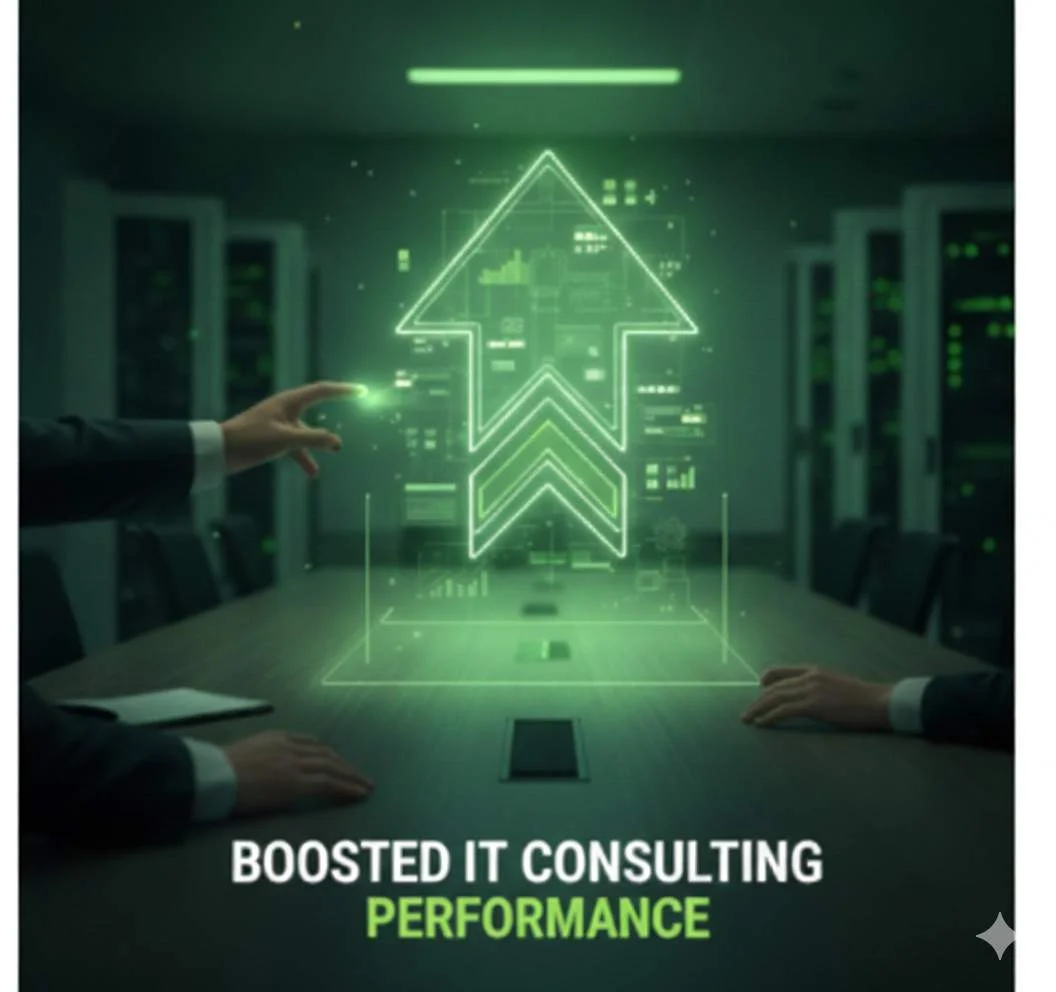 Visual showing boosted IT consulting performance with improved efficiency, strategic planning, and enhanced technology solutions.